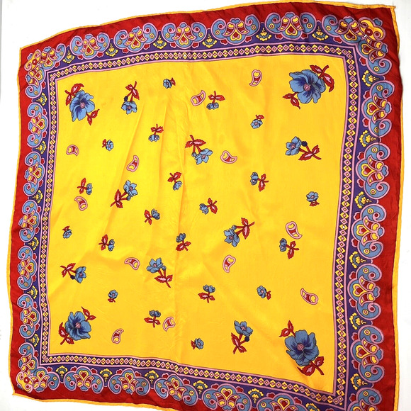 Vintage Paris Neckwear Co Scarf Gold Red 26.5" Square Floral Head Neck Fashion - Picture 4 of 6